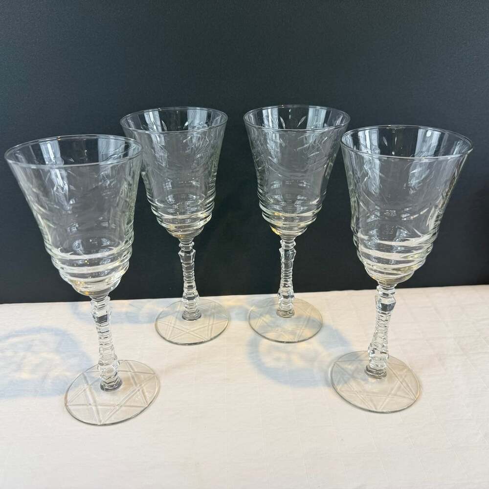 Set of 4 Vintage Libbey Rock Sharpe Artic Rose Wine Glasses: Floral Cut Stemware